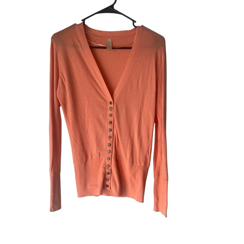 Col Story Y2k Large Peach Pink Button Deep‎ V Neck Long Sleeve Thermal Cap Top